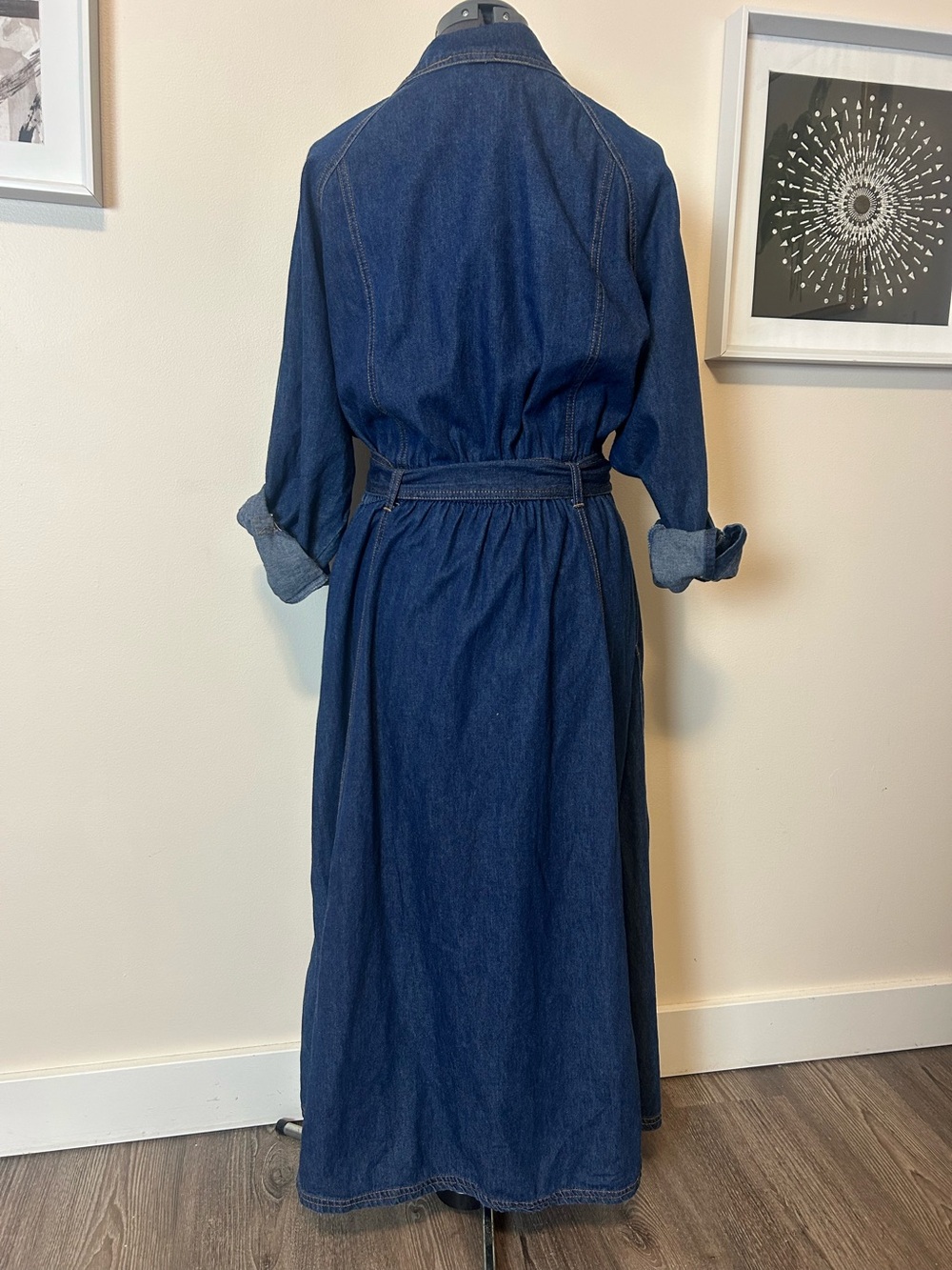 Vintage Together Dark Wash Denim Maxi Dress Beaded Collar Size 12 - Picture 2 of 7